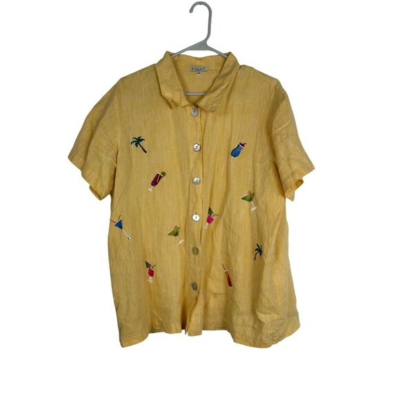 VTG Focus Medium- Yellow 100% Linen Button-Up Shirt W/ Tropical Embroidery - Picture 9 of 9
